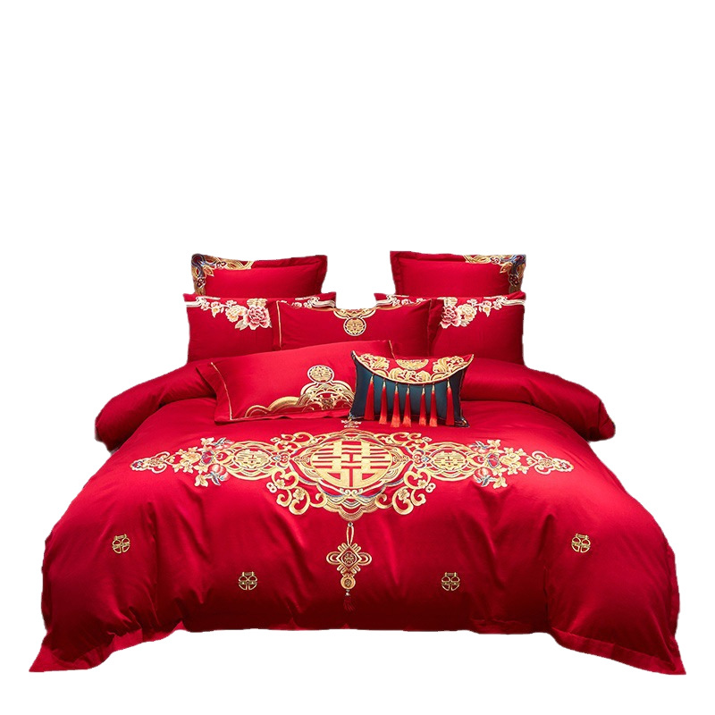 New Chinese-Style Wedding Pure Cotton Four-Piece Set, Bright Red with the Character for Happiness, All-Cotton Embroidery, Wedding Room Dowry, Eight-Piece Wedding Set with Dragon and Phoenix