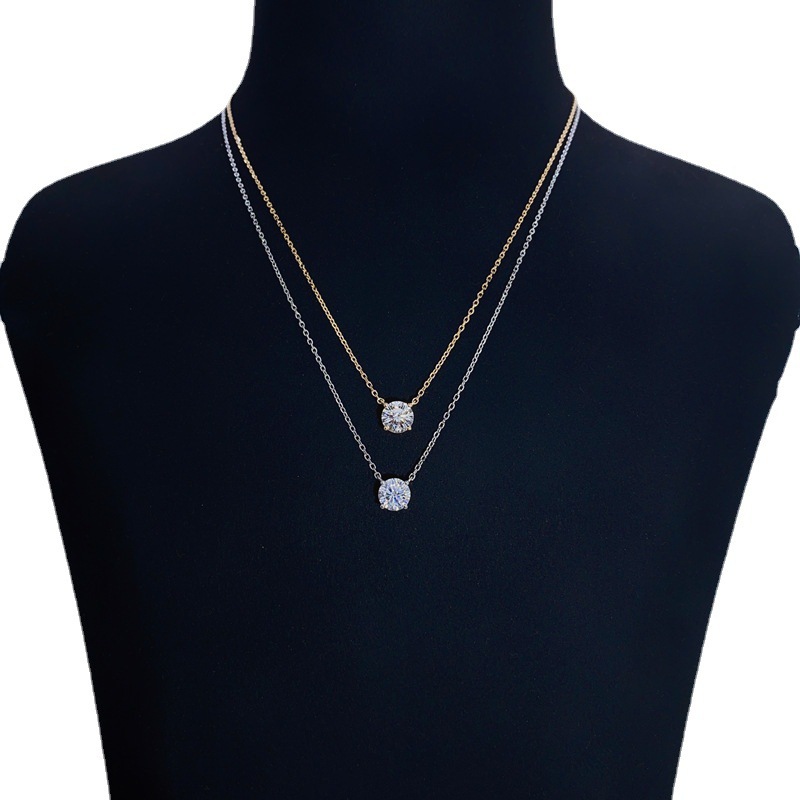925 Silver Inlaid Moissanite Classic Four-Prong Single Diamond Necklace Women's Simple and Versatile Simulated Clavicle Chain Factory Direct Supply
