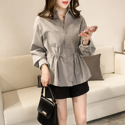 Autumn plus size women's long-sleeved T-shirt waist-tight temperament shirt Women's Mid-length top SI#787