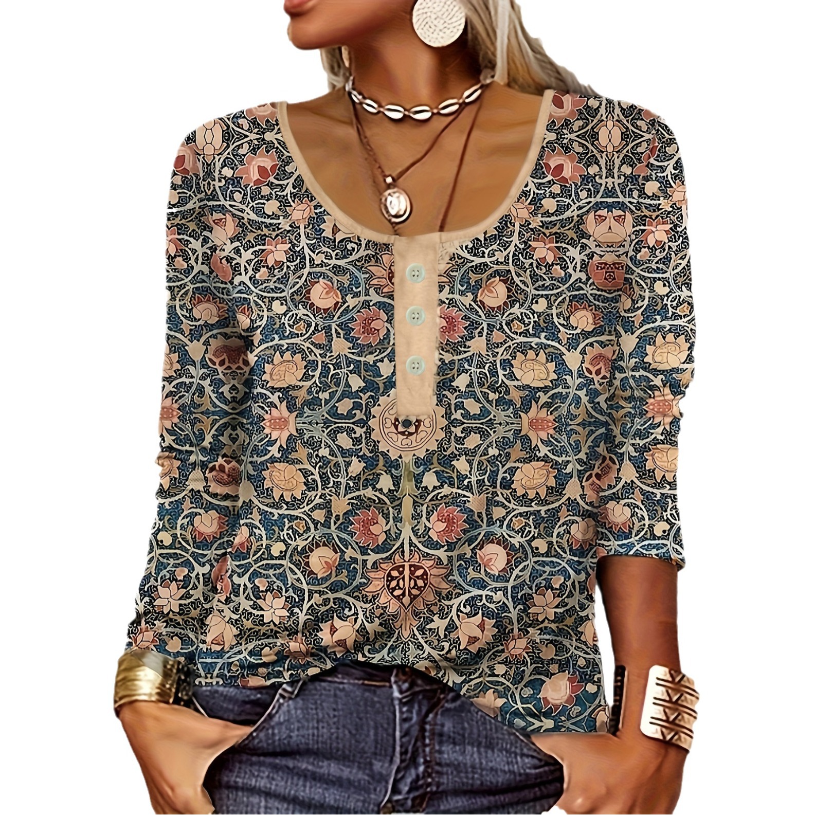 2024 European and American Amazon TEMU Independent Station Women's V-Neck Casual Ethnic Style Printed Button plus size Women's T-Shirt