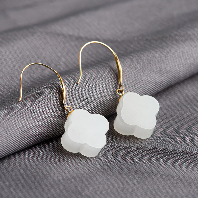 Old material Hetian Jade White Jade four-leaf clover earrings genuine 18K gold inlaid natural jade earrings earrings Women's