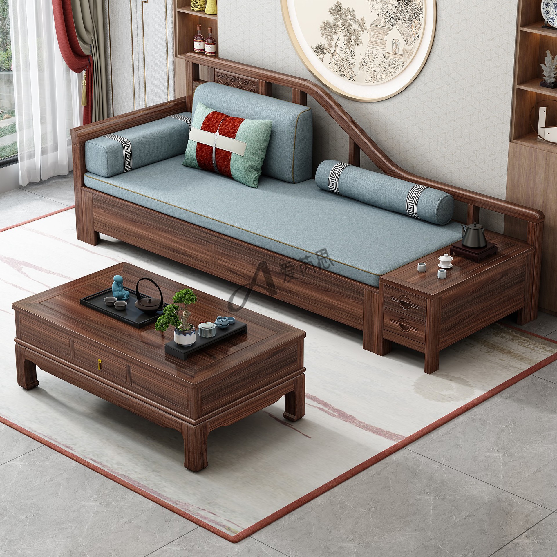Mt Chinese-Style Ebony Solid Wood Sofa Combination Modern Simple Small Apartment Living Room Wooden Winter and Summer Dual-Use Storage Home