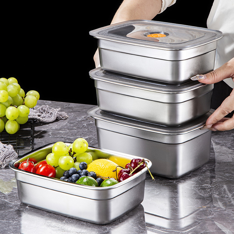 Stainless Steel Fresh-keeping Box Large Capacity Refrigerated Freezing Vacuum Sealed Portable Storage Box with Lid Refrigerator Multi-use