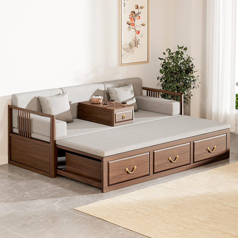New Chinese-style Luohan Bed Retractable Full Solid Wood Push-pull Bed Foldable Dual-purpose Sleeping Sleeping Small Apartment Box Sofa Bed