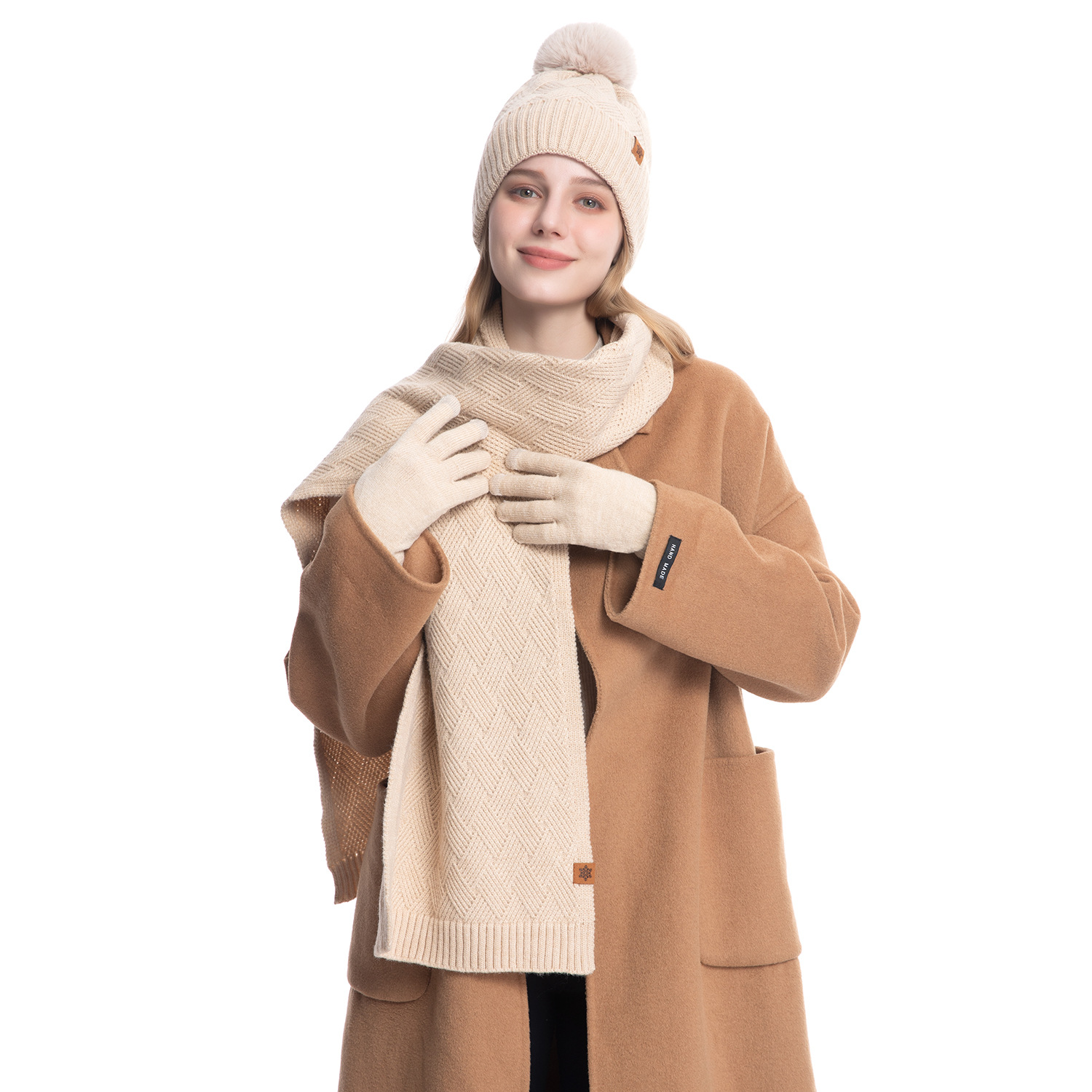 Amazon Knitted Hat Scarf Gloves Three-piece Set Women's Autumn and Winter Outdoor Warm Double-layer Wool Knitted Hat