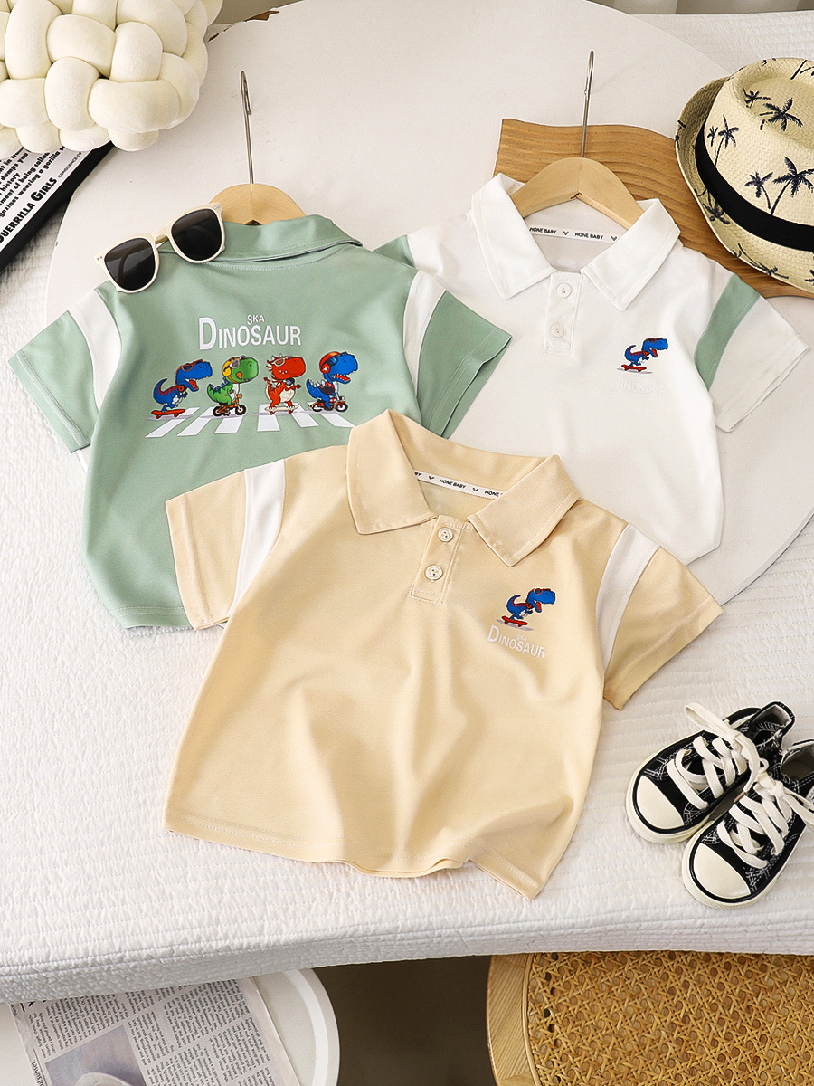 Новая летняя детская футболка с мультяшным принтом для мальчиков и девочек, тонкая, короткий рукав, корейский стиль, верх с воротником