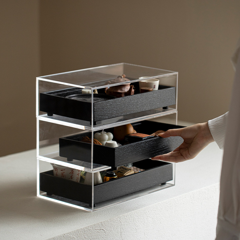 Многоуровневая коробка для хранения чайных наборов из массива дерева, акриловый чайный шкаф