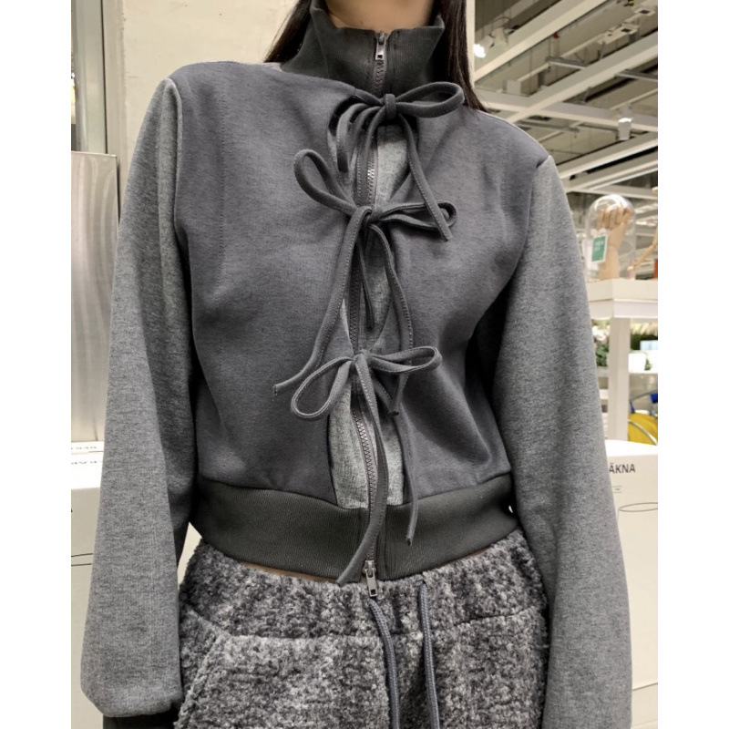 Толстовка с подкладкой из флиса, осень-зима, корейский стиль, короткая куртка с бантом