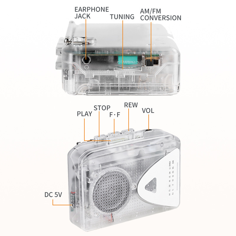 Transparent cassette player tape player stereo player FM/AM radio external speaker tape Walkman