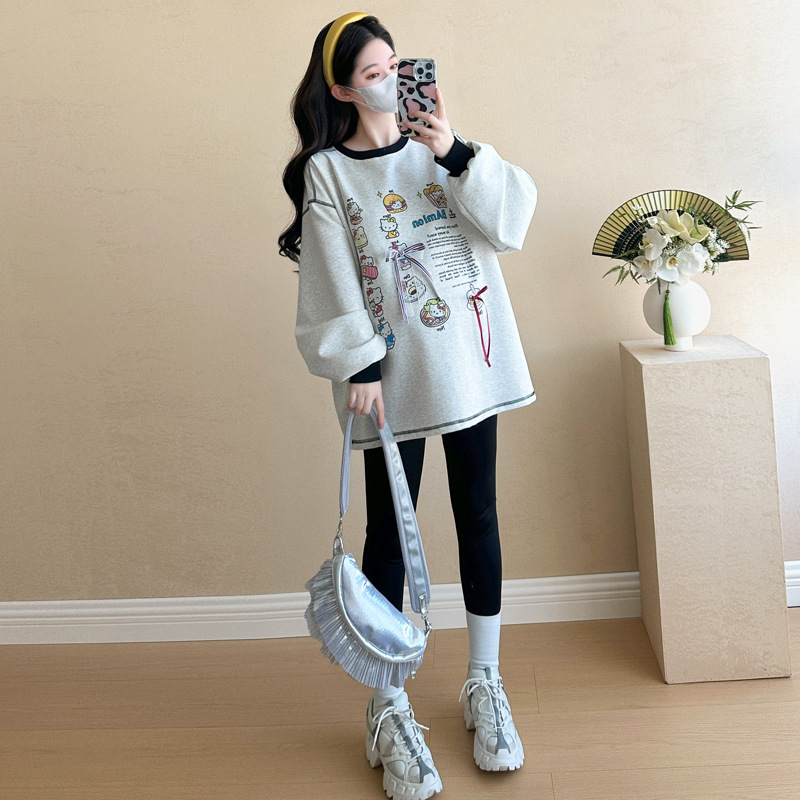 Spring Clothing Korean Style Pregnant Women's Fashionable Age-reducing Lazy Cotton Sweat plus size All-match Printed Graffiti Pregnant Women's Fashionable Top