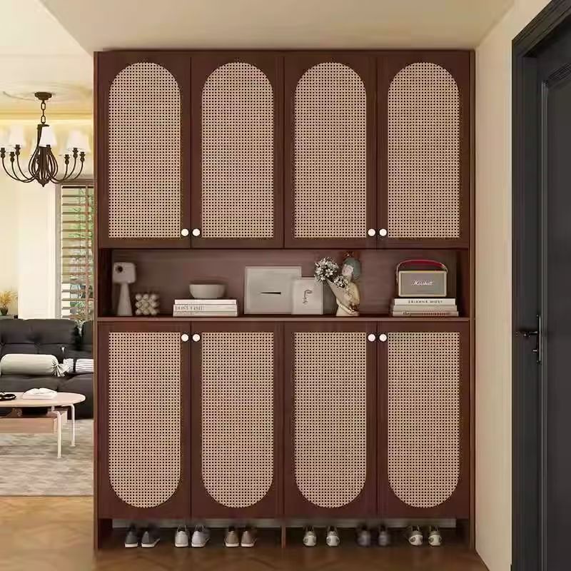 [Simple and Elegant] Entry Shoe Cabinet, Retro Nanyang Style Rattan Breathable Partition Cabinet, Entrance Cabinet, French Mid-Century Style