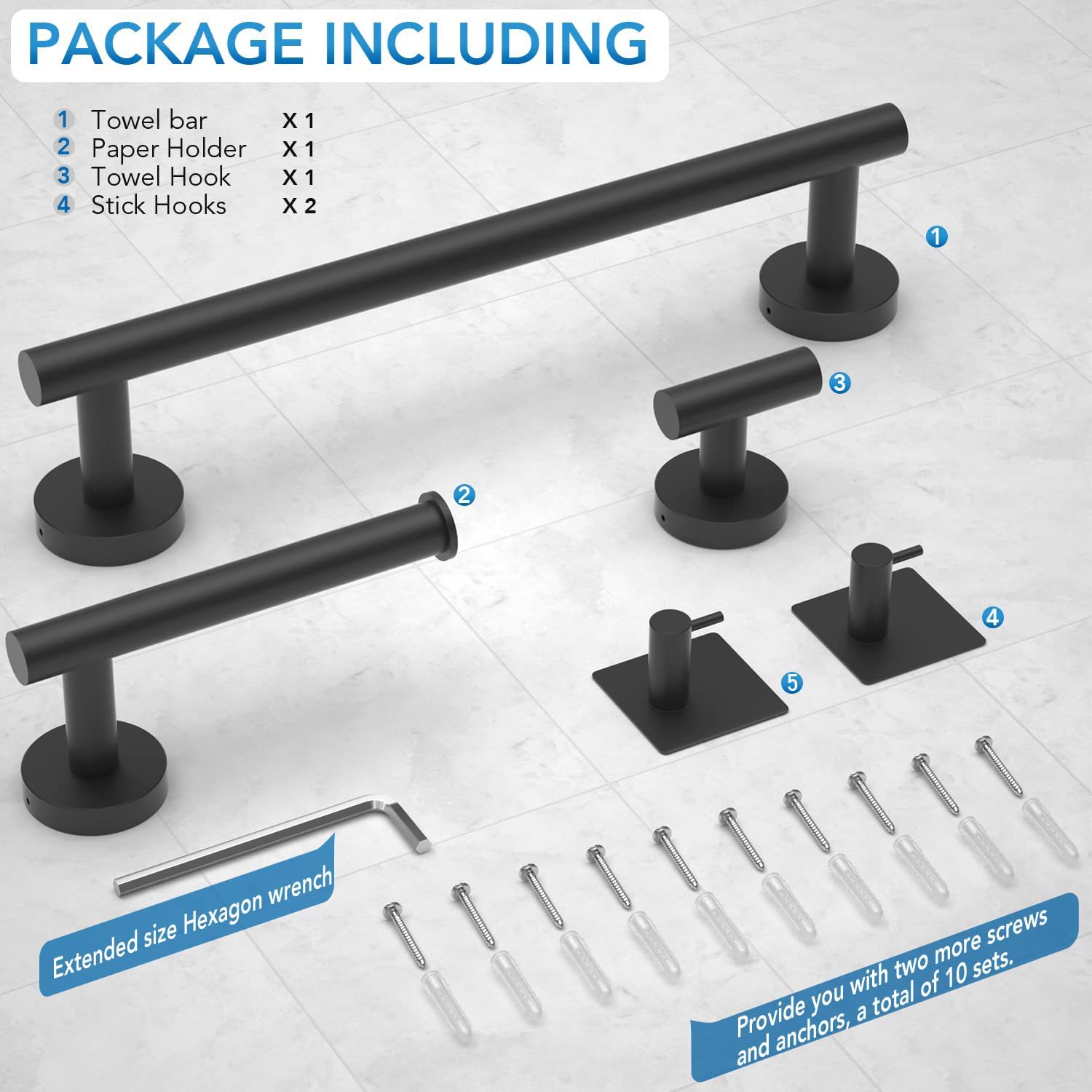 Cross-border Supply Stainless Steel Bathroom Hardware Kit Tissue Holder Bathrobe Hook Towel Bar Black Silver Five-piece Set