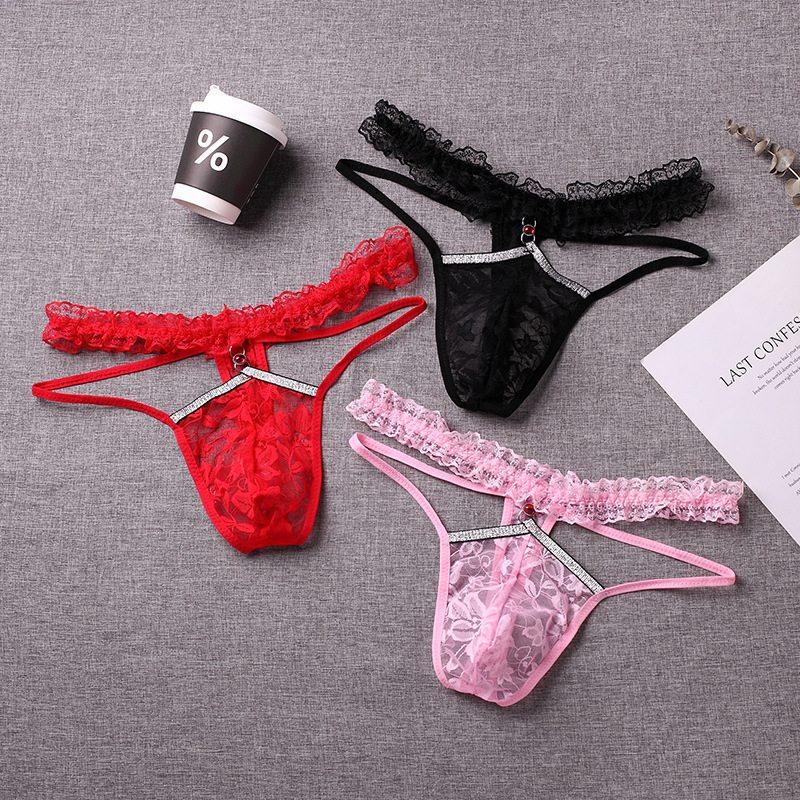 Cross-border explosions transparent lace men's underwear breathable seamless naked invisible U convex triangle thong M1401#