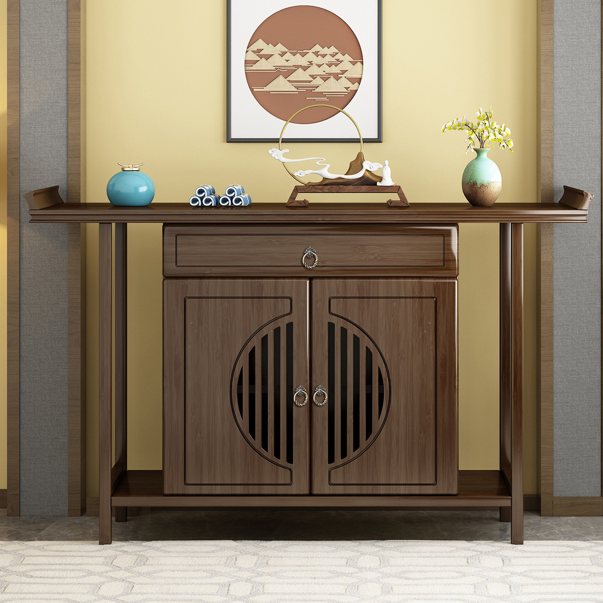 Новый китайский стиль, стол для прихожей, легкая роскошь, напольный шкаф, стол для подношений, стол-лента, массив дерева, шкаф для прихожей, стол для подношений