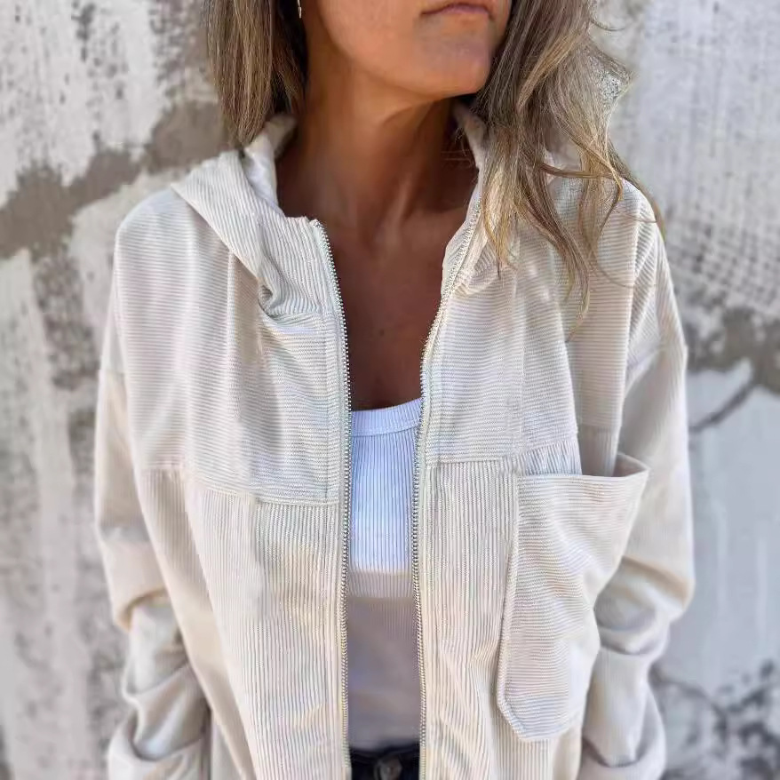 Independent Station Cross-border Hot Selling Autumn New Solid Color Jacket Women's European and American Simple Wind Corduroy Hooded Jacket for Women