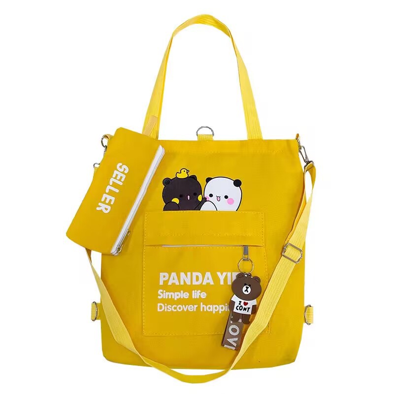 Factory supply single shoulder canvas bag cartoon bear two-piece set student double back canvas bag crossbody large capacity tote bag