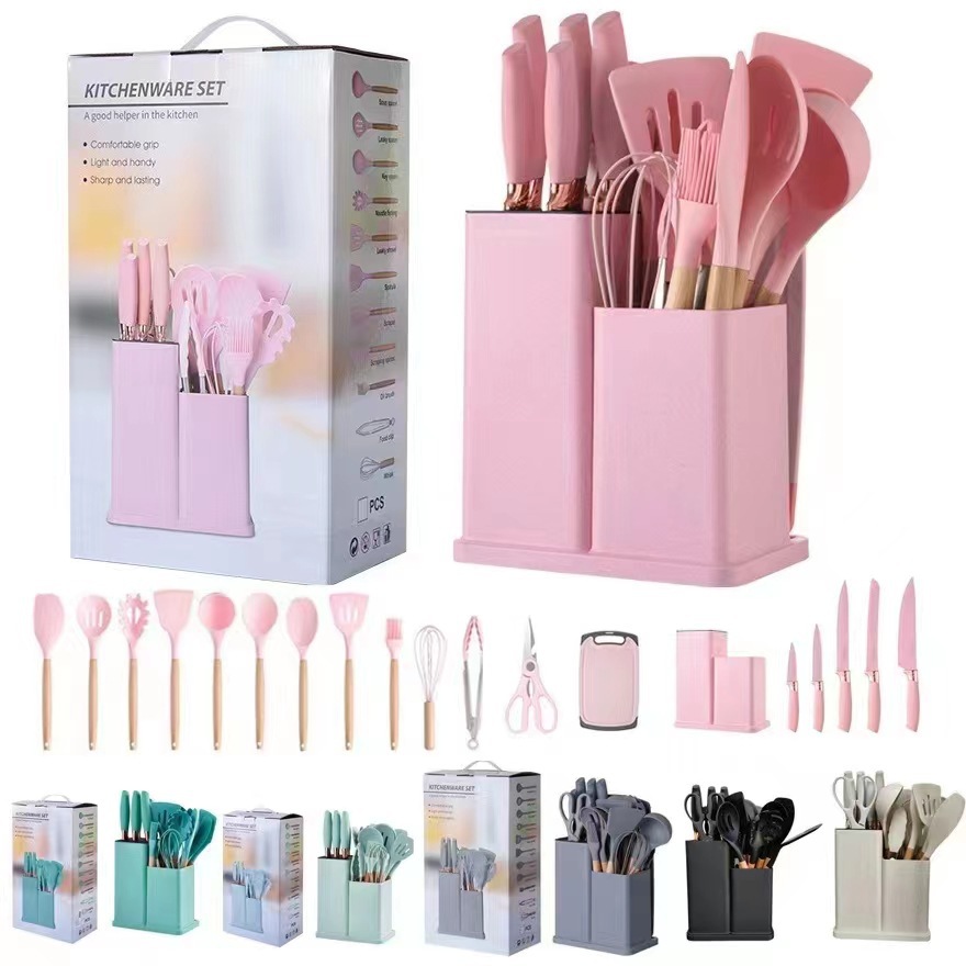 Factory Direct silicone 19-piece wooden handle kitchenware suit knife scissors chopping board spatula spoon kitchenware combination wholesale