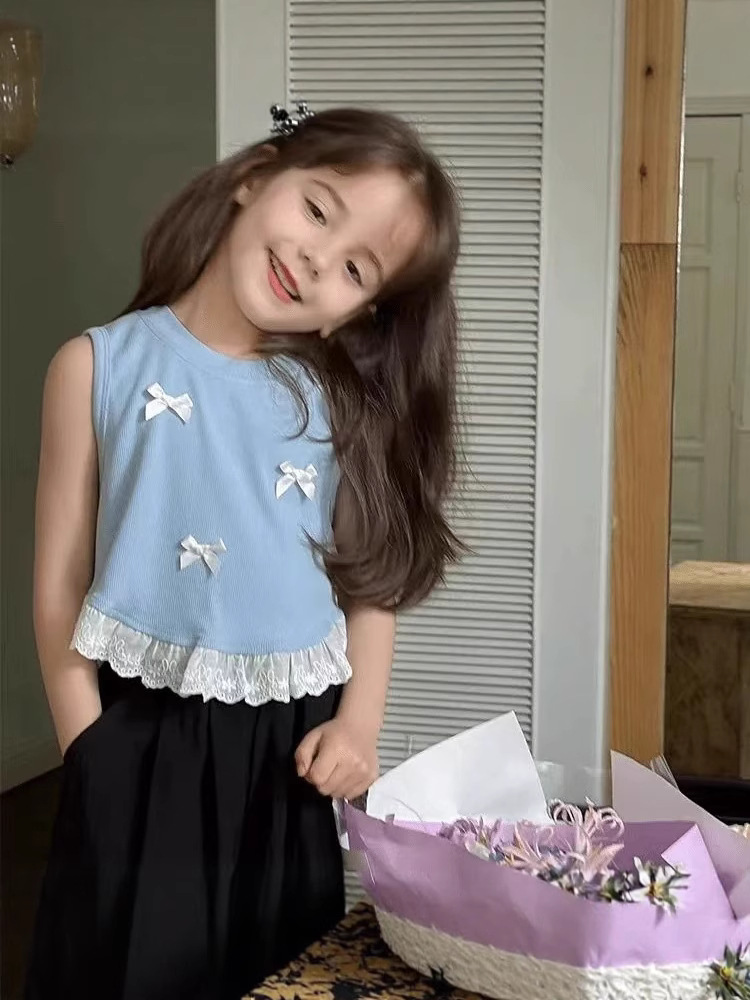 2025 Children's Clothing Girls Summer Sleeveless New Style Children's Fashionable Bow Vest Sleeveless Tops Trendy Children