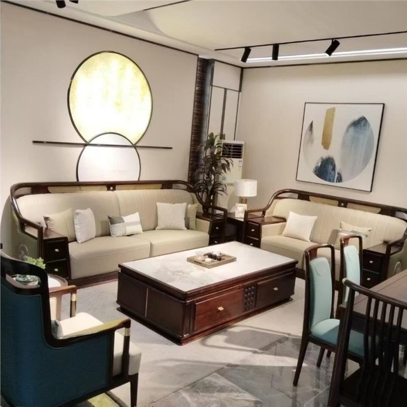 Full Case of New Chinese Style Villa Club House Luxury High-End Large Bedroom Solid Wood Sofa Ebony Wood Modern Simple