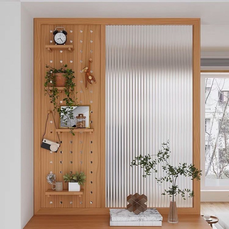 Japanese-Style Cherry Wood Entryway Rattan Cabinet with Long Rainbow Glass, Small Apartment Partition Cabinet, Foyer Screen Integrated Shoe Cabinet