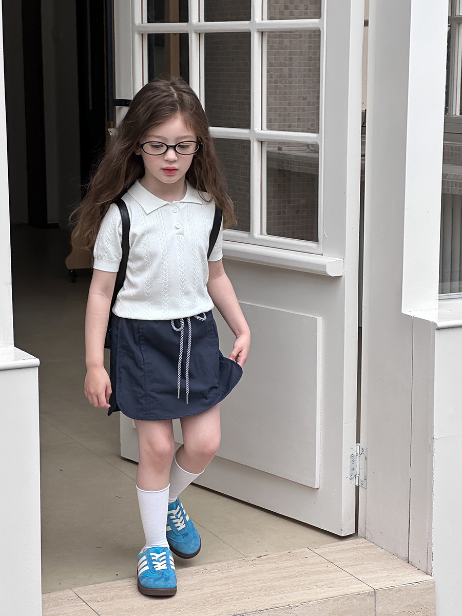 Aimo Beibei Girls Summer Pure Color Knitted Cable T-Shirt Kidsren's Casual Korean Style Polo Lapel Short-Sleeved Top