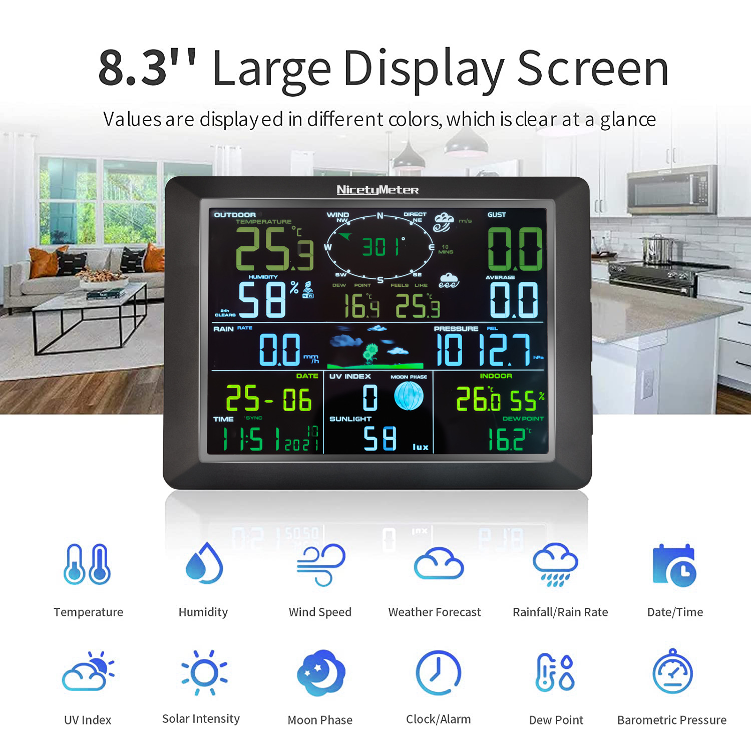 Ultra-Clear Large-Screen Wifi Weather Station | 7-in-1 Outdoor Sensor for Real-Time Monitoring of Wind, Rain/Uv + Hazard Warning