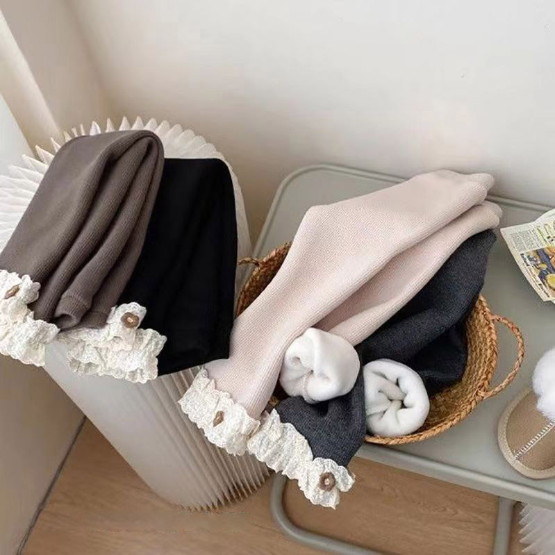 Girls' fleece-lined Leggings Western-style Lace Slim-fit One-piece Velvet Outer Wear Autumn and Winter Children's Baby's All-match Warm Pants
