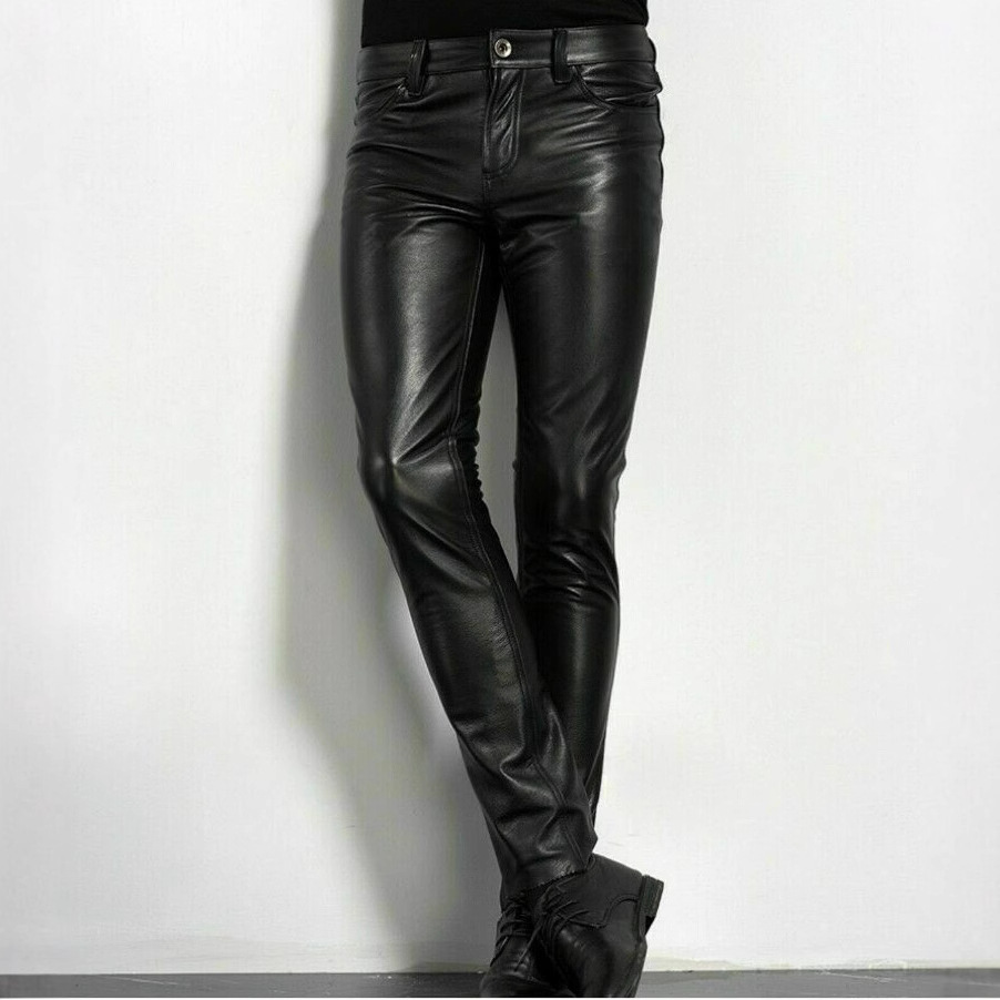 New Cross-border Spring and Autumn Leather Pants AliExpress Foreign Trade Black Leather Pants Tight Stretch Biker Leather Pants Men's Skinny Pants
