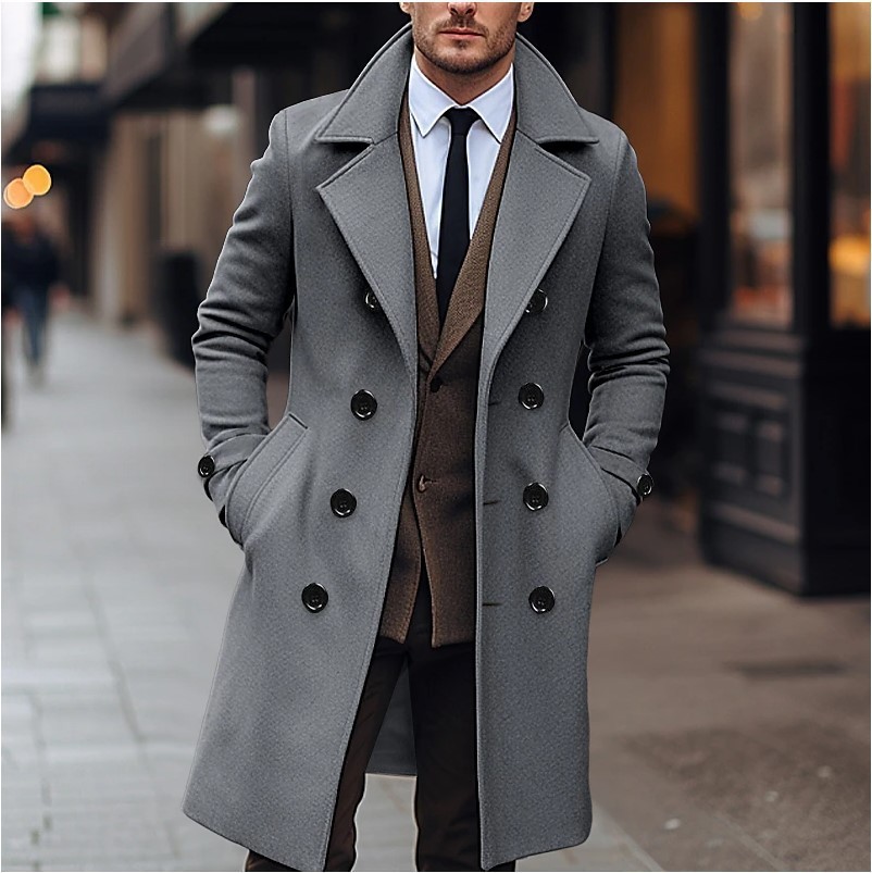 2024 European and American Size Men's Woolen Coat for Autumn and Winter Double-breasted Long Men's Woolen Coat