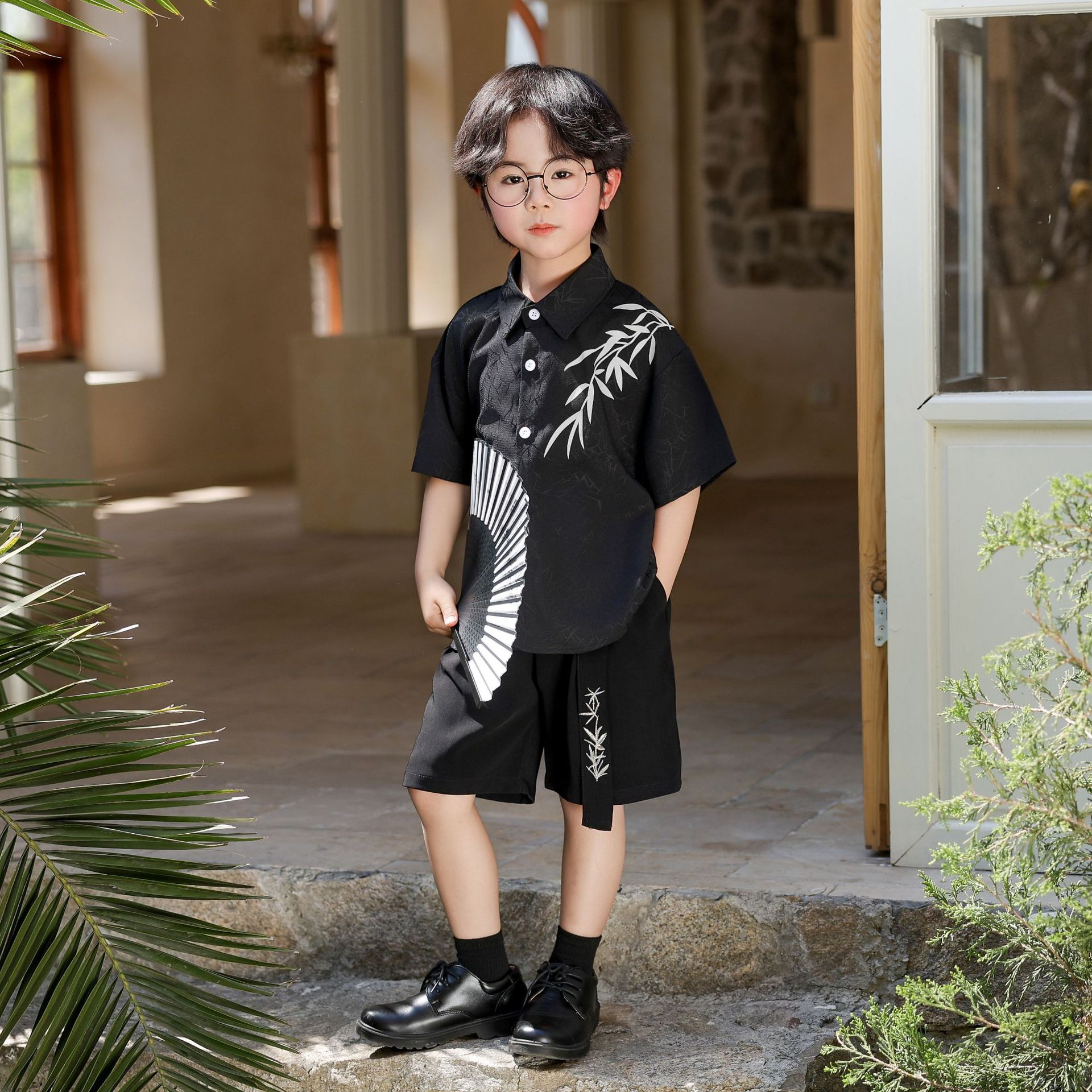 Chinese Style Boys' Jacquard Short-sleeved Shirt Children's Shirt Handsome Dress suit Inner Suit Children's Wear Performance Clothes