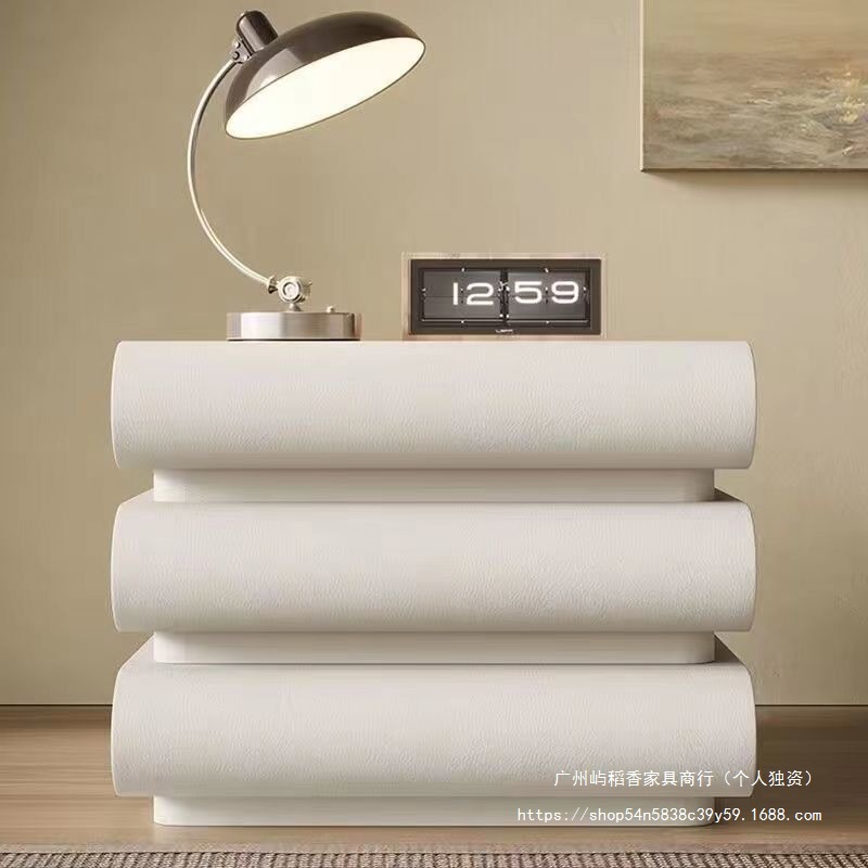 2024 New Internet Popular Cream Style White Bedside Cabinet Leather Italian Minimalist Bedroom Solid Wood Bedside Storage