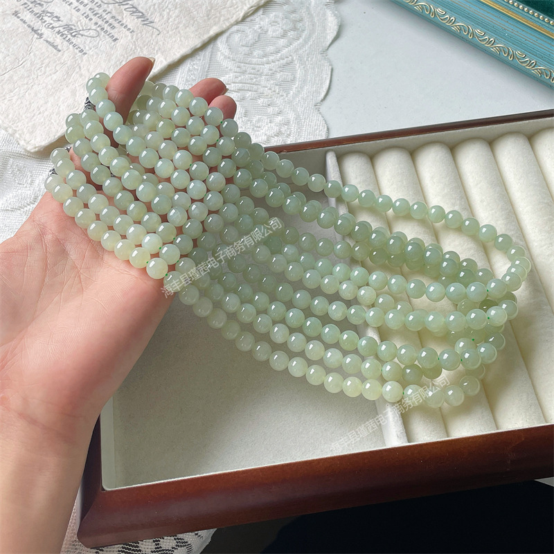 Wholesale natural Hetian jade Qingshui Cuiqing mother chain bracelet round beads DIY beaded material necklace live goods