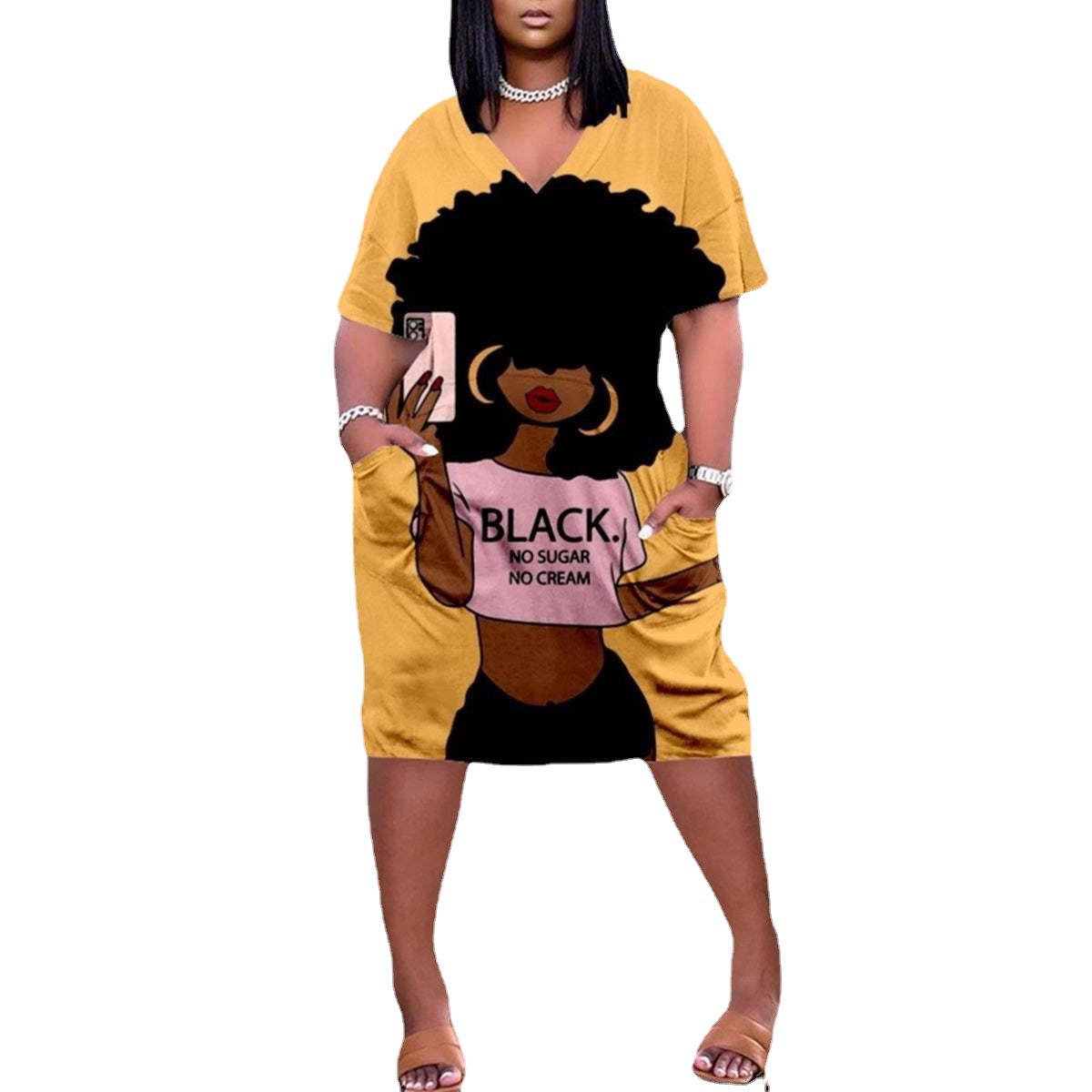 029 New 3D Printed NFL Fashion Women's Dress Loose European and American Women's V-neck Mid-sleeve Internet Celebrity Large Size Dress