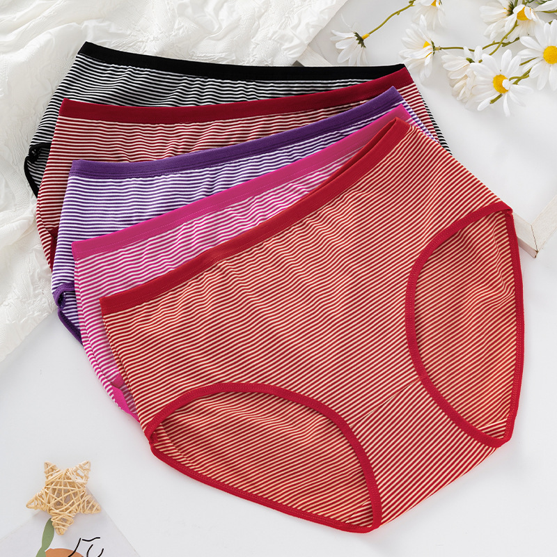 Foreign Trade Cotton Women's Underwear Middle-aged and Elderly Mothers Striped Large Size Underwear Women's Mid-waist Briefs