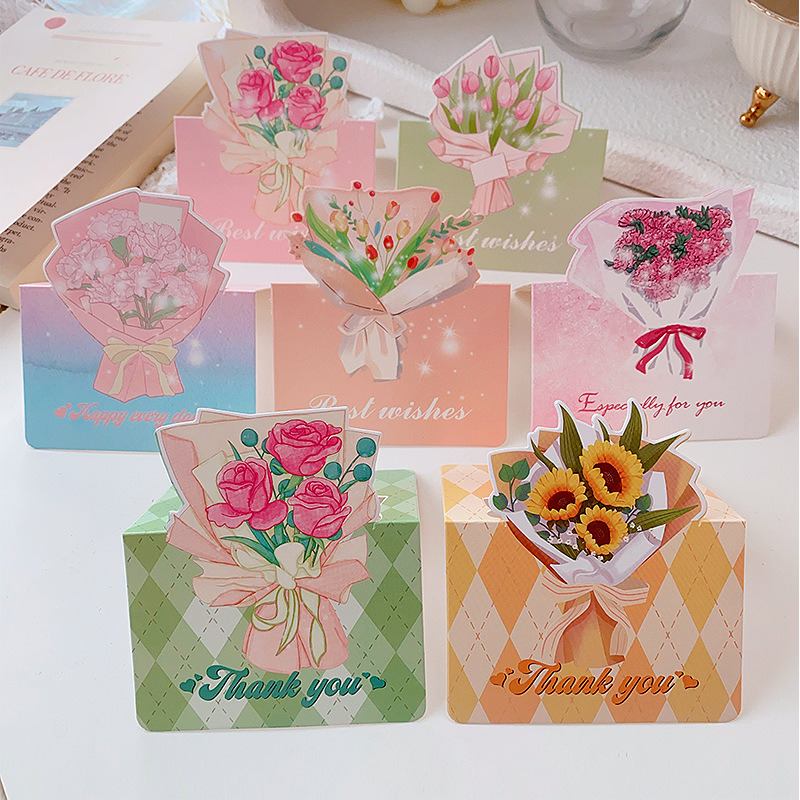 Объемная открытка с букетом, креативная открытка для цветочного магазина, открытка на день рождения, День матери, благодарственная карточка