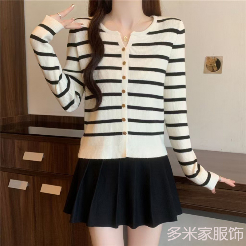 Early Autumn New Contrast Color Stripesd V Neck Pullover Sexy Women's One-Size-Fits-All Knitwear Loose Slimming Look Asymmetrical Top