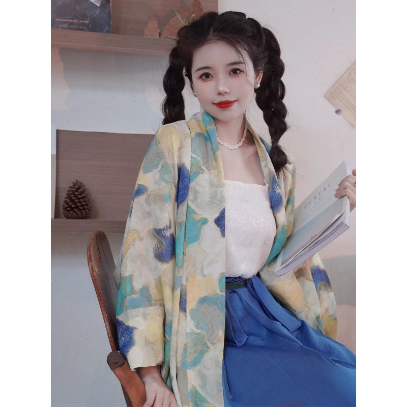 2025 Spring and Autumn Retro Chinese Style Han Dynasty Improved Loose Large Size Women's Printed Double-Breasted Wide Sleeve Shawl Long Shirt Top