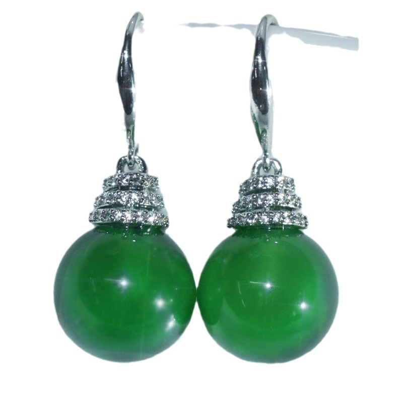 high quality round natural green chalcedony ear hook Joker classic green chalcedony earrings factory wholesale fashion new