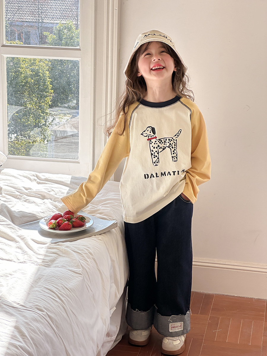 Aimo Beibei 2025 Spring Kidsren's Clothing Kidsren's Casual Color-Blocked Long-Sleeved T-Shirt K-Style Cute Cartoon Raglan Bottoming Shirt