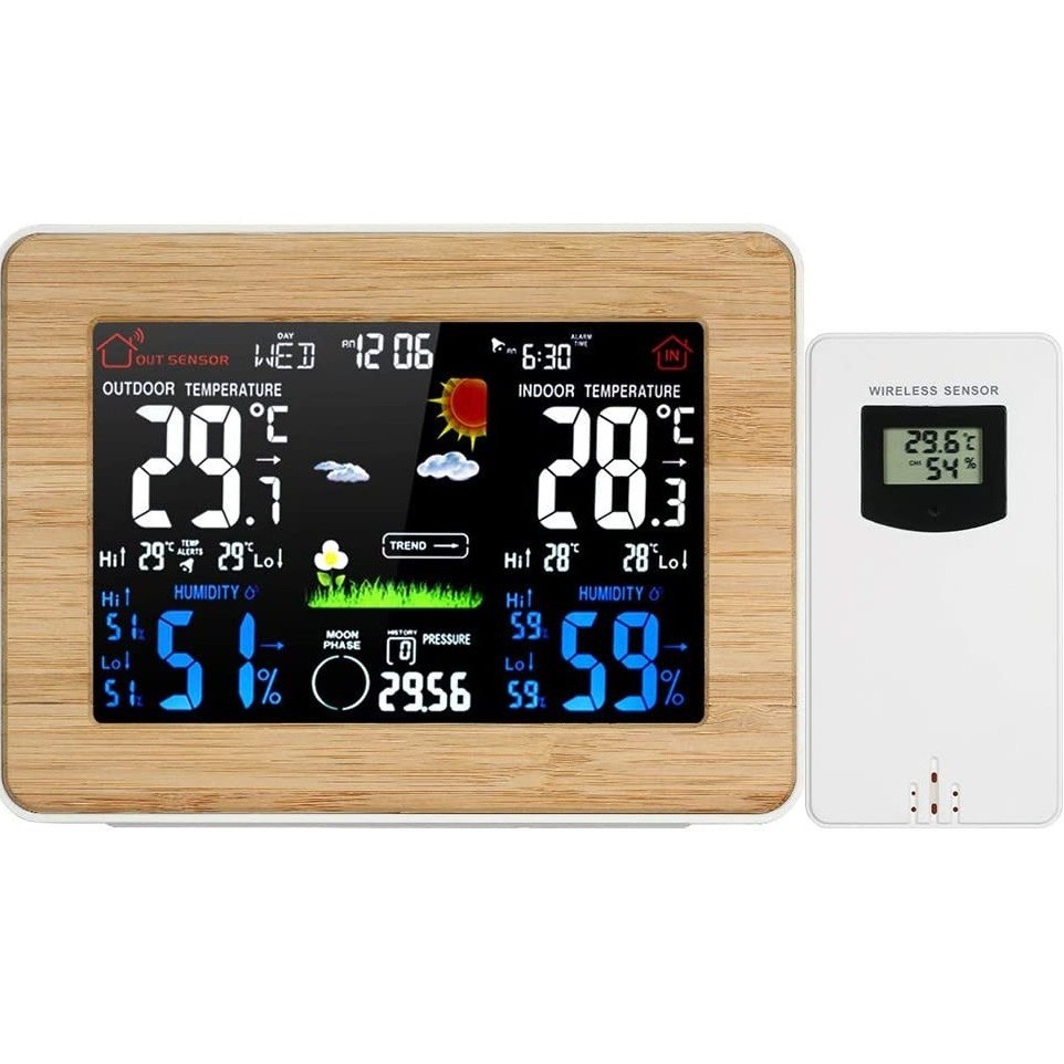 Electronic color screen weather forecast clock 3365 black wave clock multifunctional electronic alarm clock RF wireless weather clock