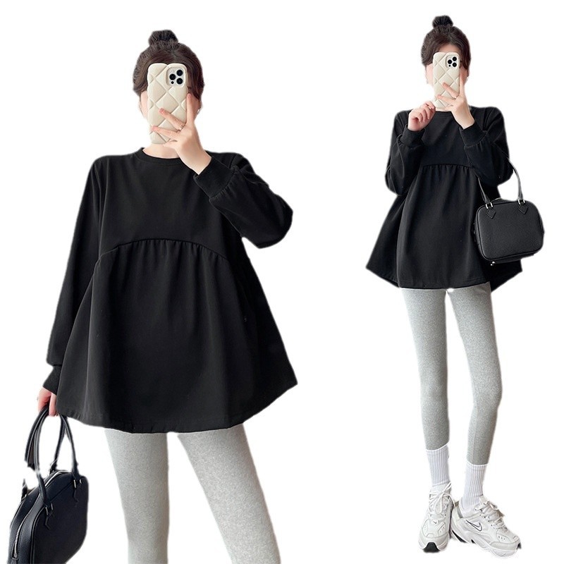 Pregnant Women Autumn and Winter New Korean Color Age-reducing Doll Shirt plus size Slim Belly Covering Long Sleeve Sweater Two-piece Set Fashion
