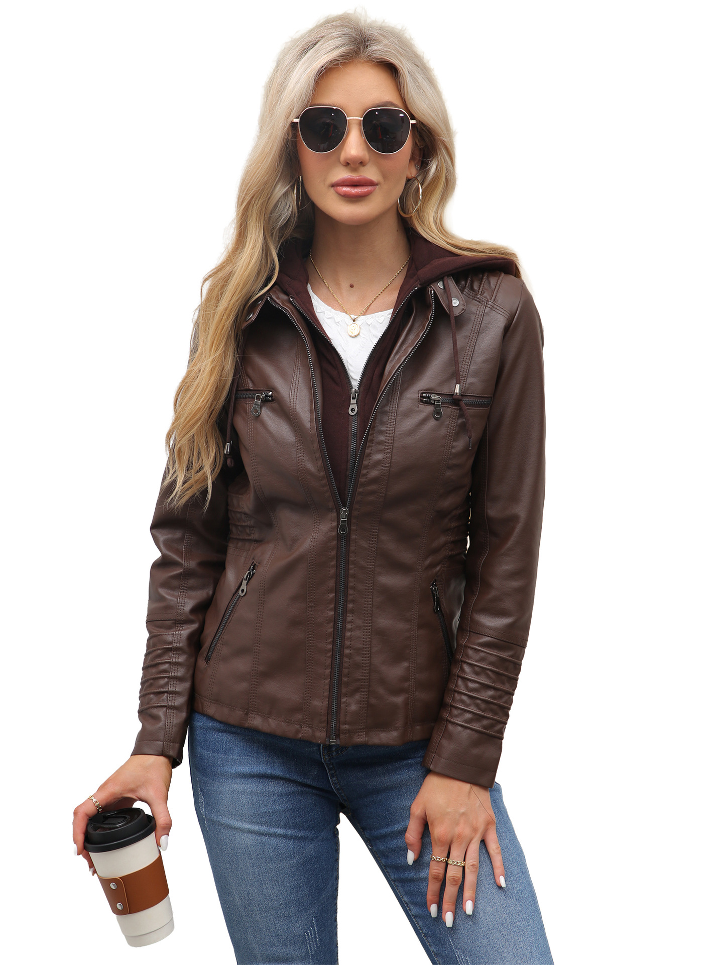 23 European and American Cross-border Hooded Leather Jacket Two-piece Set Removable Large Size Leather Jacket Women's Spring and Autumn Coat Women's PU Wash Leather