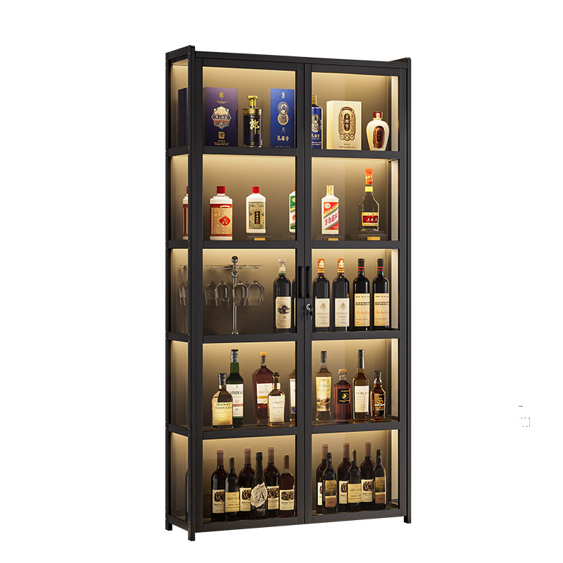 Lockable Wine Cabinet Integrated Cabinet Wall Storage Cabinet with Built-In Light Bar Home Living Room Red Wine Display Cabinet Compartment Cabinet Floor-Standing