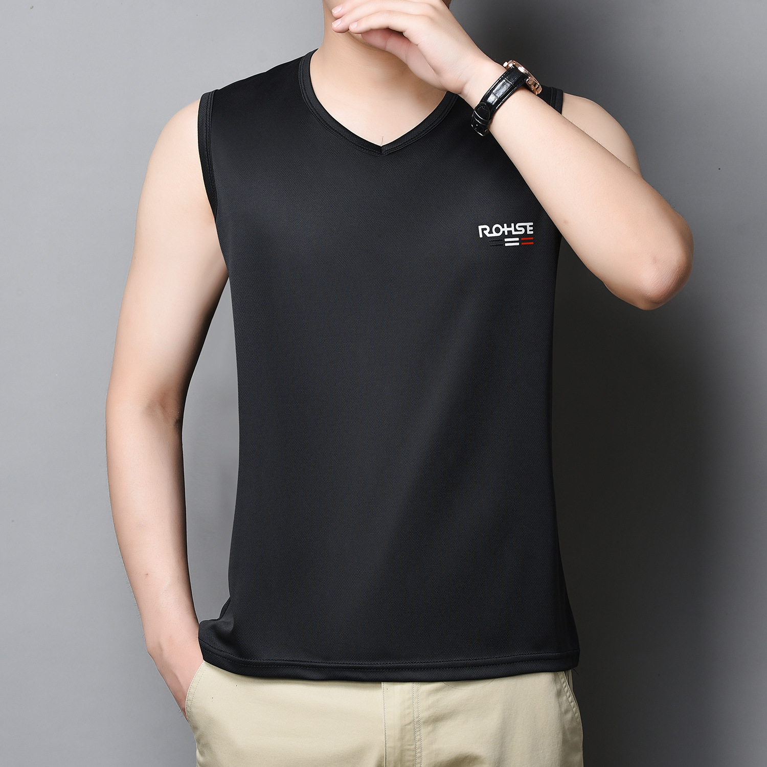 Men's Solid Color Quick-drying Vest Sports Sleeveless Round Neck Loose Cam Sleeve Men's Mesh Ice-sensitive Silk Breathable Ice-cool Sweater