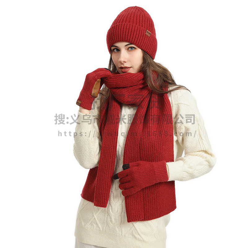 Foreign trade new European and American cross-border Amazon winter women's wool hat scarf gloves leather non-slip three-piece set