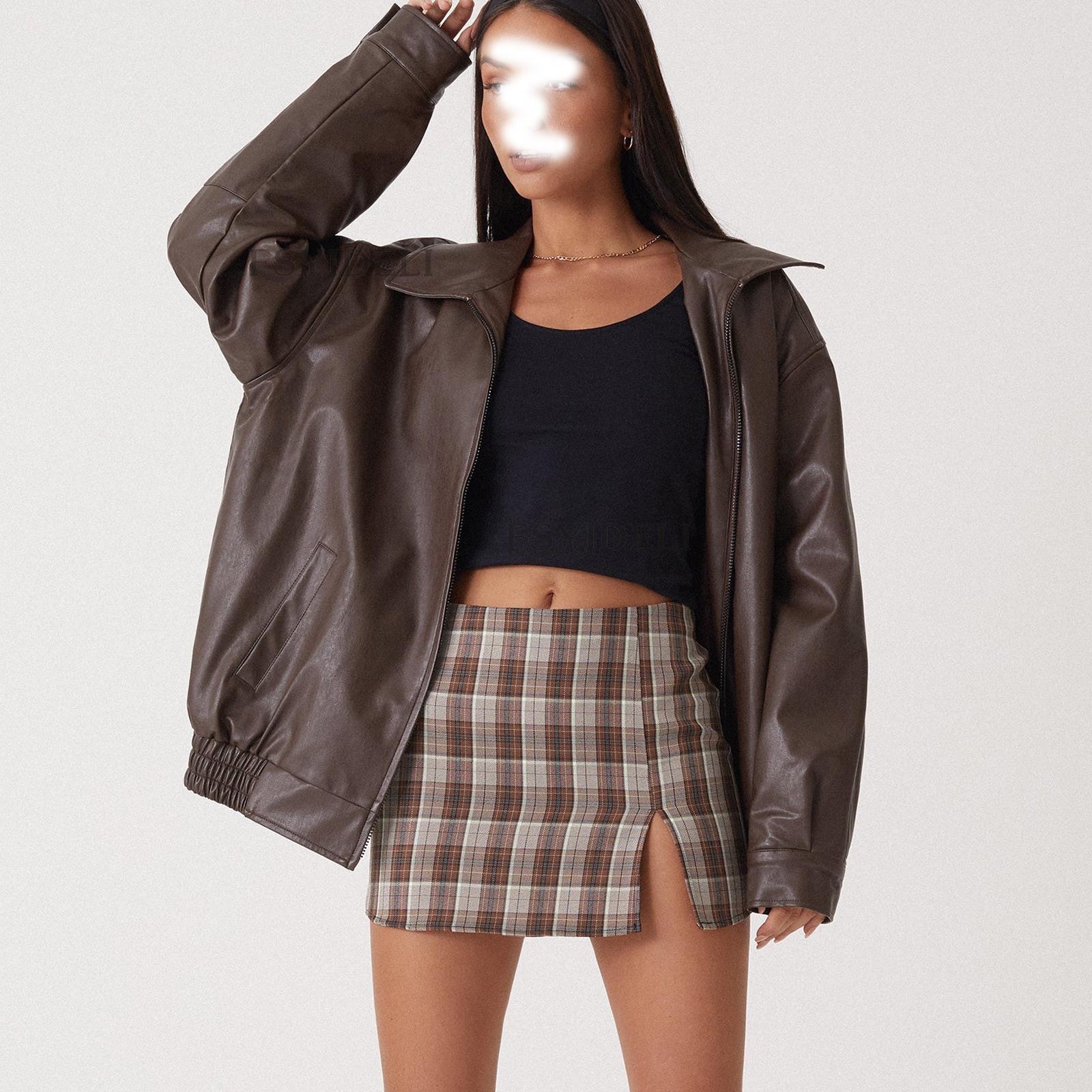 Amazon Spring and Autumn Explosions European and American Leather Jacket Motorcycle Style Loose Top Lapel Loose Waist PU Leather Jacket Women