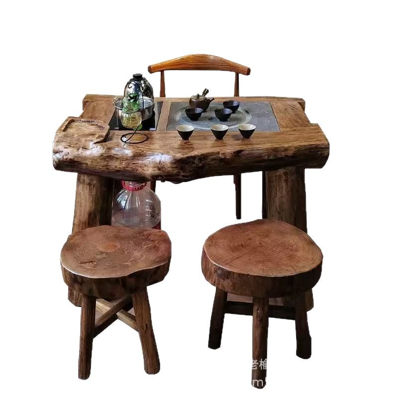 Small Tea Table Elm Tea Table and Chair Combination Solid Wood Special-Shaped Tea Table Wabi-Sabi Style Office Tea Table Small Bench
