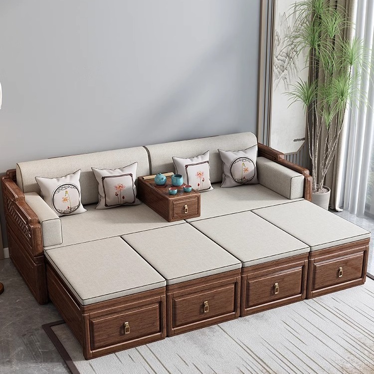 New Chinese Style Solid Wood Luohan Bed Walnut Living Room Retractable Tatami Sofa Zen Carved Sliding Sofa Bed