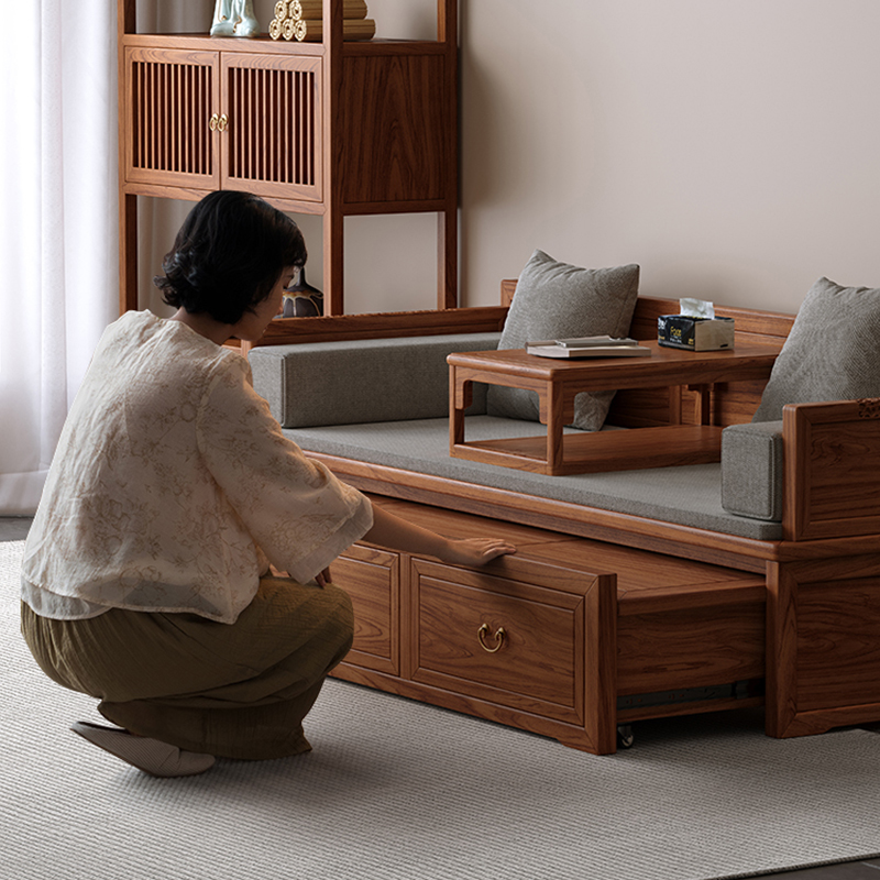 New solid wood sofa bed old elm winter and summer dual-use foldable retractable with drawer integrated multifunctional Luohan bed