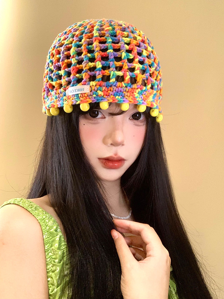 Colorful Dopamine Beaded Hollow Knitted Hat for Women Summer 2025 New Thin Breathable Face-Showing Small Toe Cap